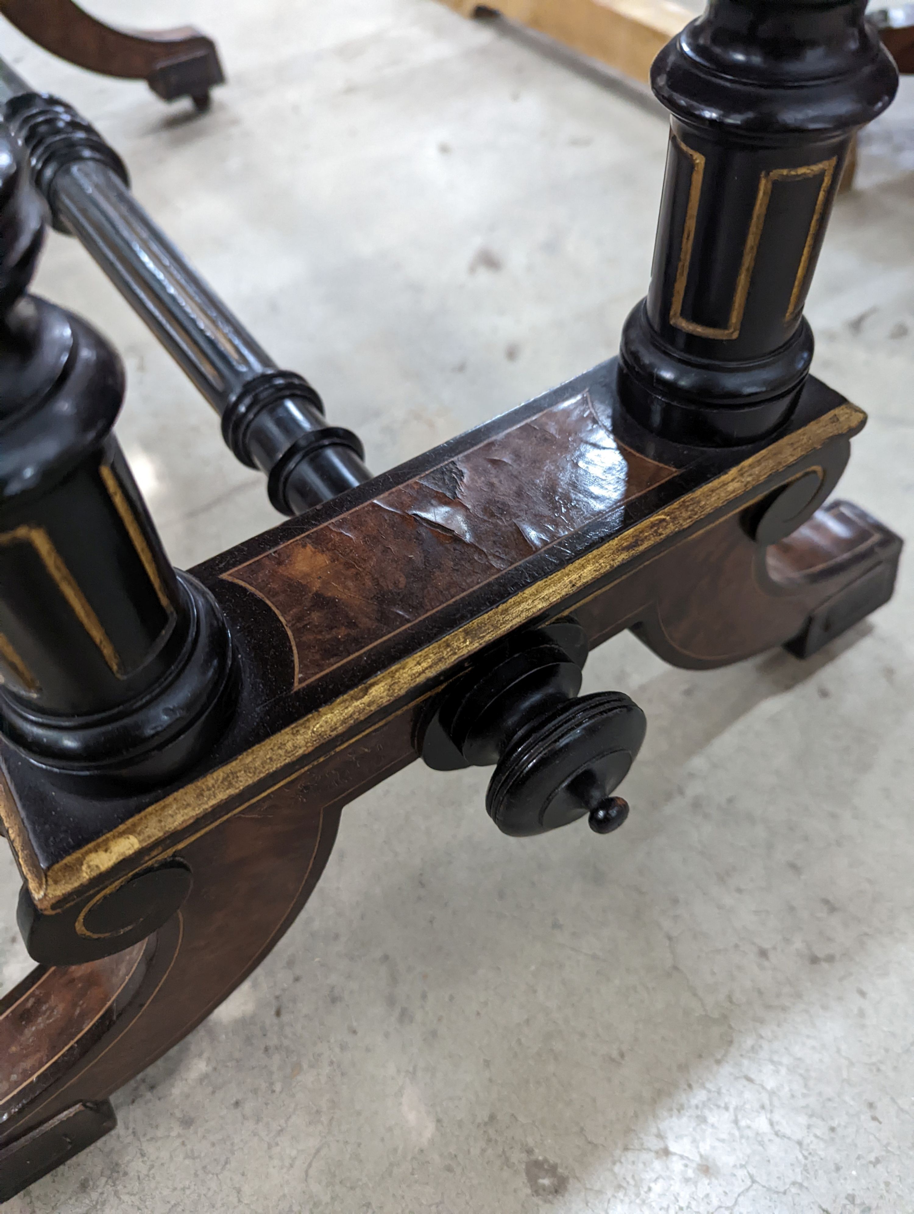 A late Victorian ebonised and bird's eye maple folding writing / card table, width 91cm, depth 48cm, height 75cm